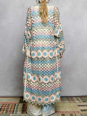 NWT POL Bohemian Pink Green Blue Crochet Long Duster Cardigan One Size